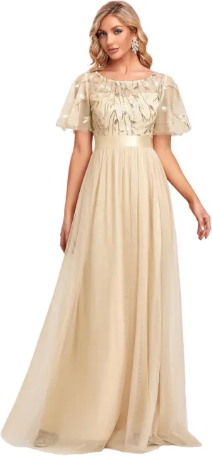 Ever-Pretty Women's Formal Dresses Crew Neck Sequin Ruffle Sleeve Empire Waist Beaded Long Evening Dresses 00904