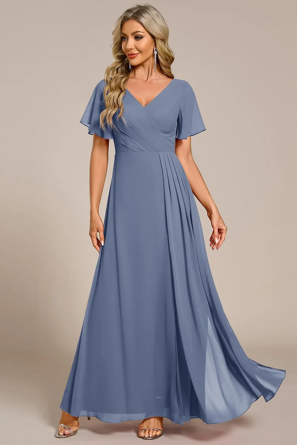 Ever-Pretty Women's Formal Dresses Flutter Short Sleeve Floor Length Dress 2024 High Waist Evening Dresses 0050