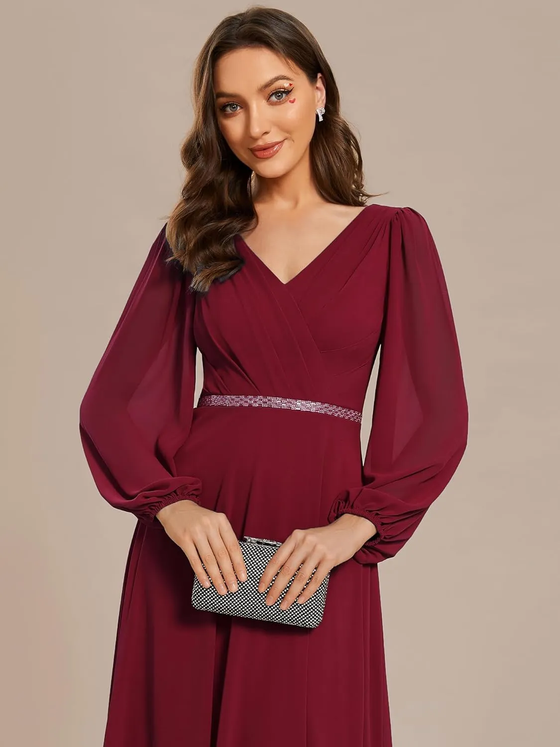 Ever-Pretty Women's Formal Dresses Long Sleeve V Neck Empire Waist A Line Beading Floor Length Wedding Guest Dress 01981