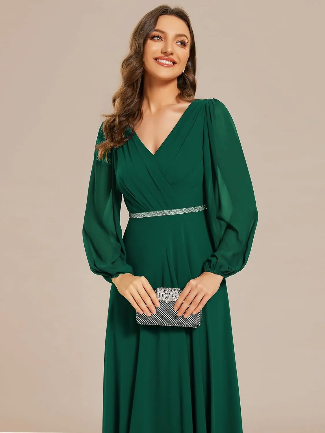 Ever-Pretty Women's Formal Dresses Long Sleeve V Neck Empire Waist A Line Beading Floor Length Wedding Guest Dress 01981