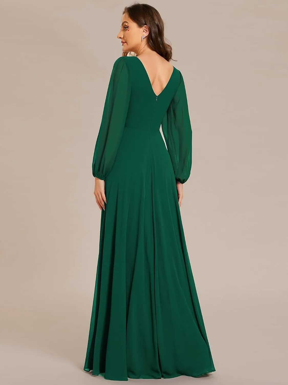 Ever-Pretty Women's Formal Dresses Long Sleeve V Neck Empire Waist A Line Beading Floor Length Wedding Guest Dress 01981
