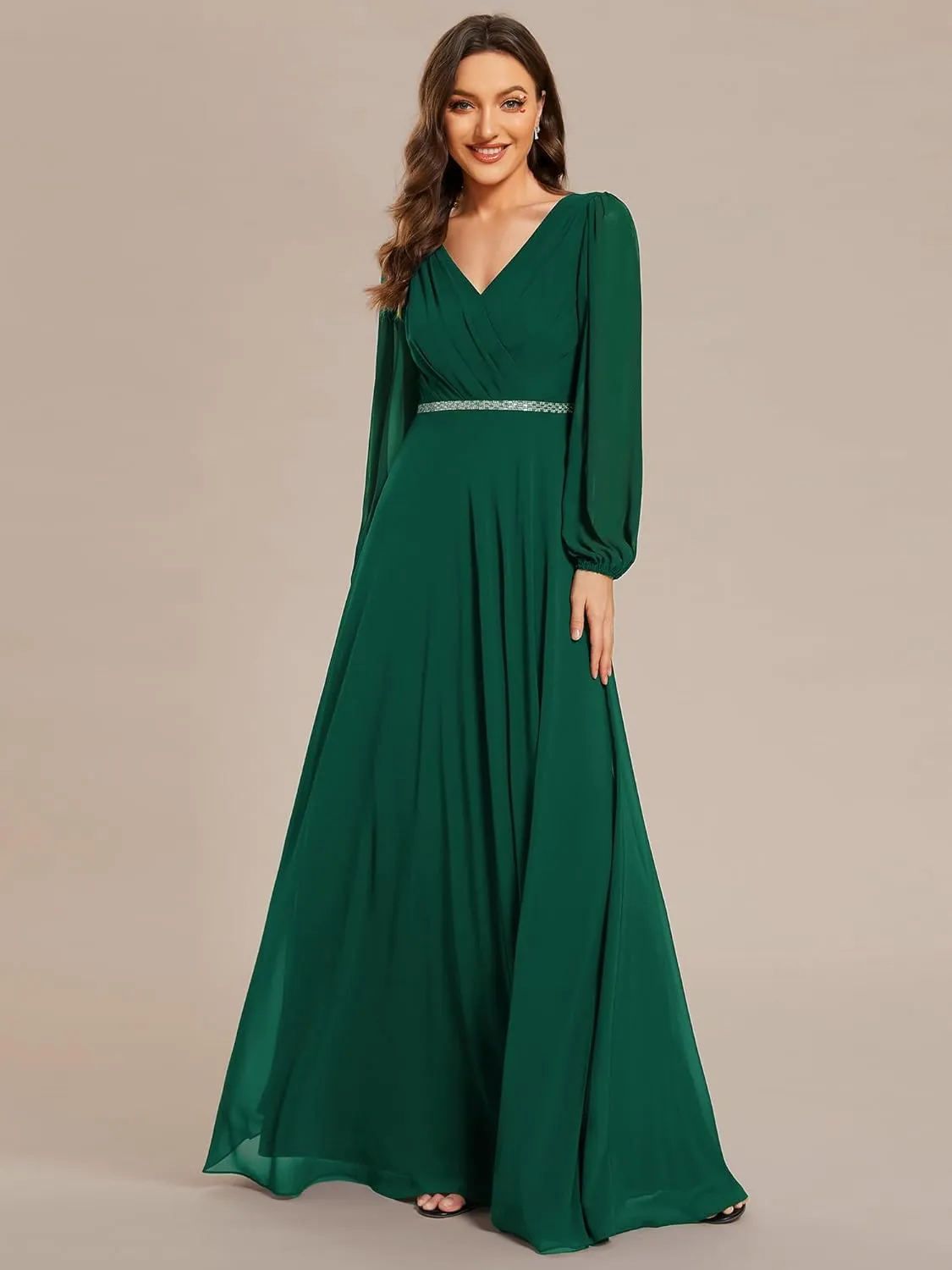 Ever-Pretty Women's Formal Dresses Long Sleeve V Neck Empire Waist A Line Beading Floor Length Wedding Guest Dress 01981