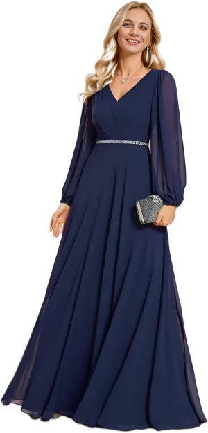 Ever-Pretty Women's Formal Dresses Long Sleeve V Neck Empire Waist A Line Beading Floor Length Wedding Guest Dress 01981