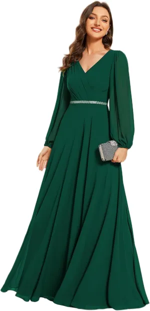 Ever-Pretty Women's Formal Dresses Long Sleeve V Neck Empire Waist A Line Beading Floor Length Wedding Guest Dress 01981