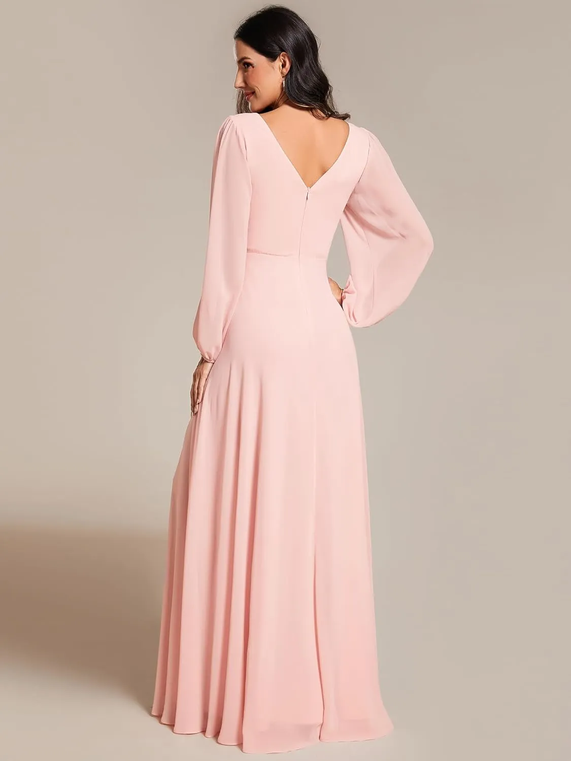 Ever-Pretty Women's Formal Dresses Long Sleeve V Neck Empire Waist A Line Beading Floor Length Wedding Guest Dress 01981