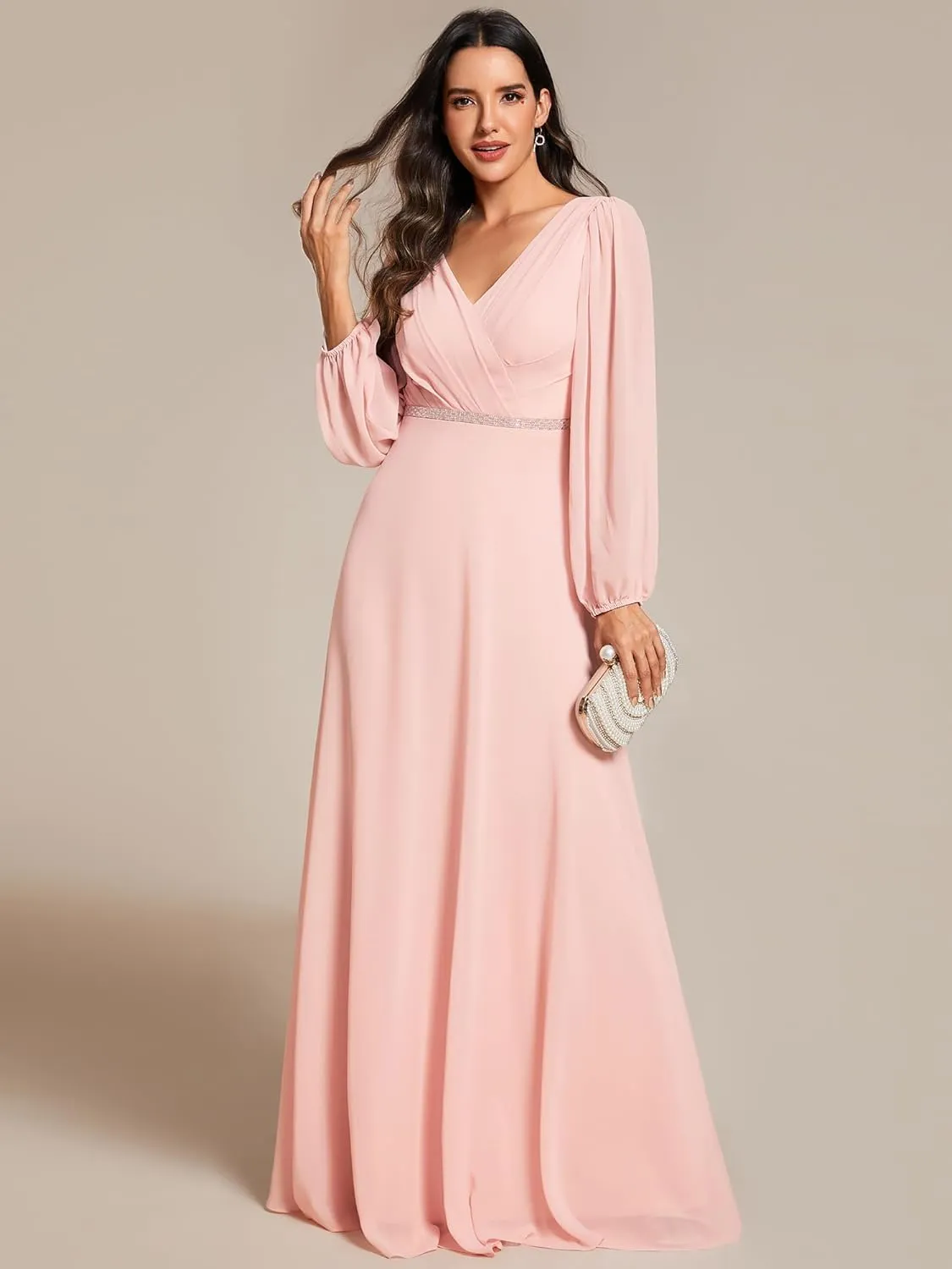 Ever-Pretty Women's Formal Dresses Long Sleeve V Neck Empire Waist A Line Beading Floor Length Wedding Guest Dress 01981