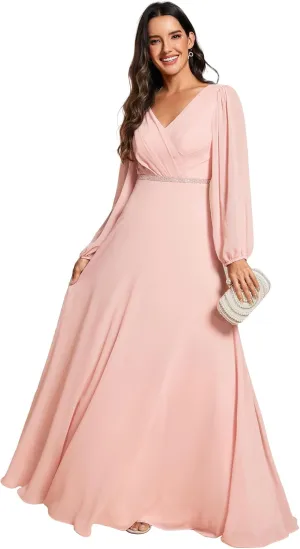 Ever-Pretty Women's Formal Dresses Long Sleeve V Neck Empire Waist A Line Beading Floor Length Wedding Guest Dress 01981