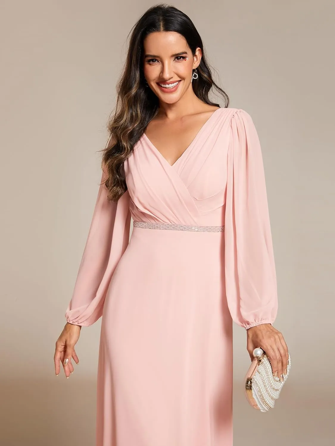 Ever-Pretty Women's Formal Dresses Long Sleeve V Neck Empire Waist A Line Beading Floor Length Wedding Guest Dress 01981