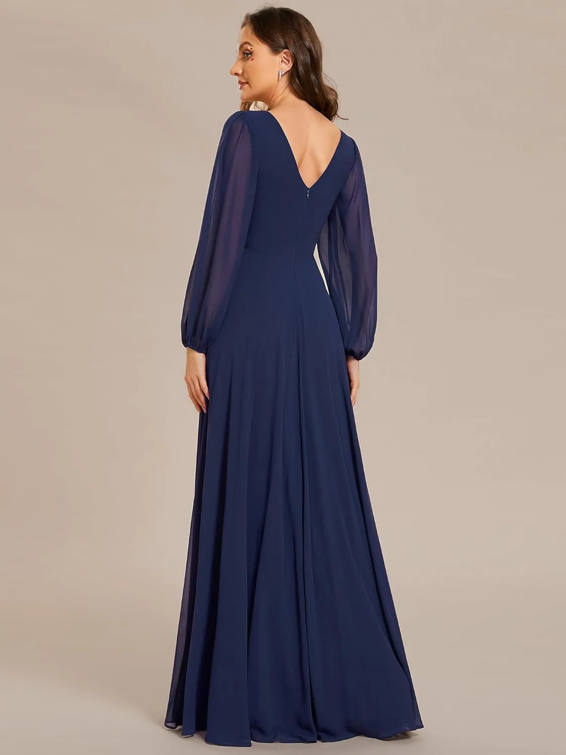 Ever-Pretty Women's Formal Dresses Long Sleeve V Neck Empire Waist A Line Beading Floor Length Wedding Guest Dress 01981