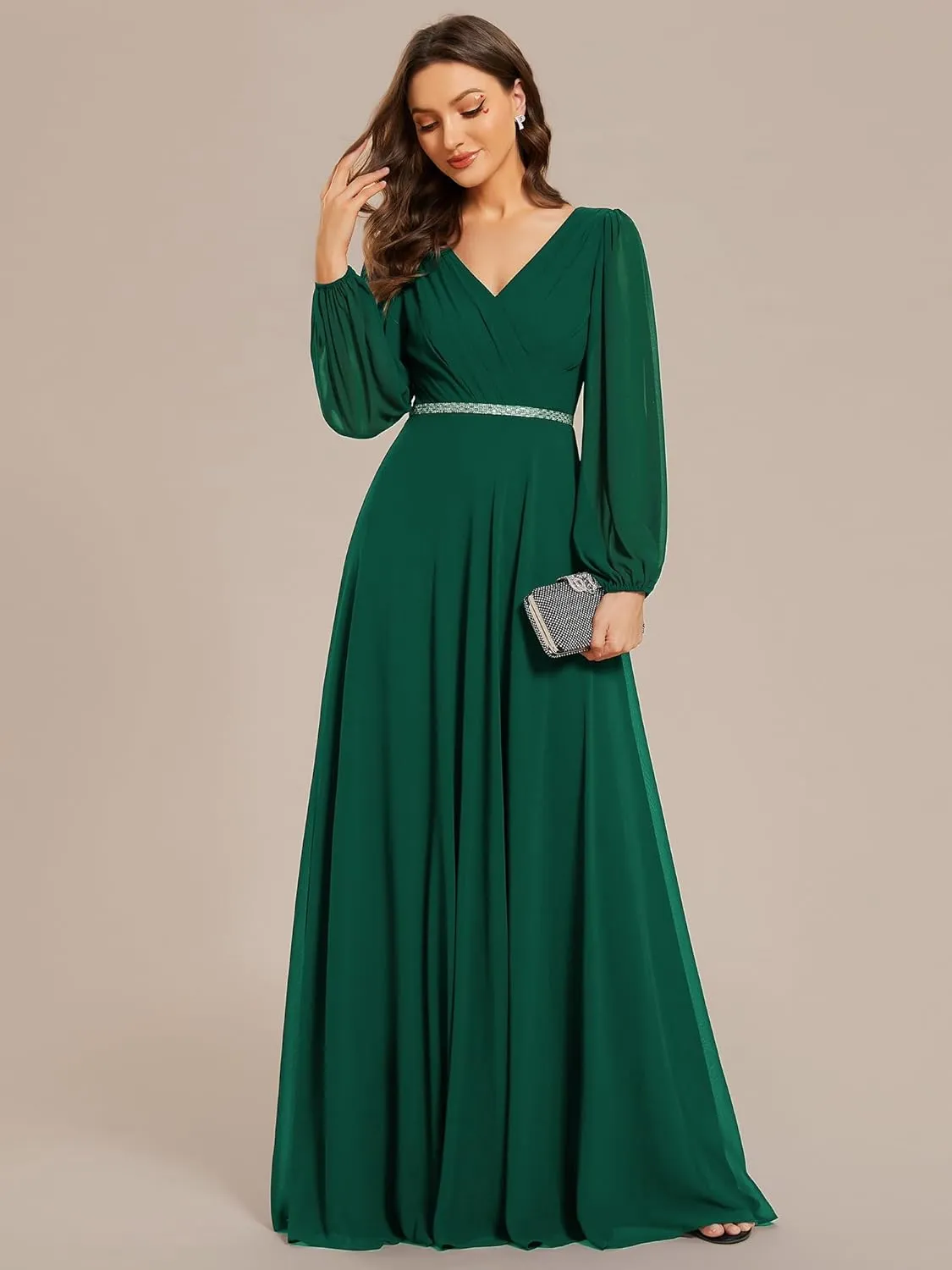 Ever-Pretty Women's Formal Dresses Long Sleeve V Neck Empire Waist A Line Beading Floor Length Wedding Guest Dress 01981