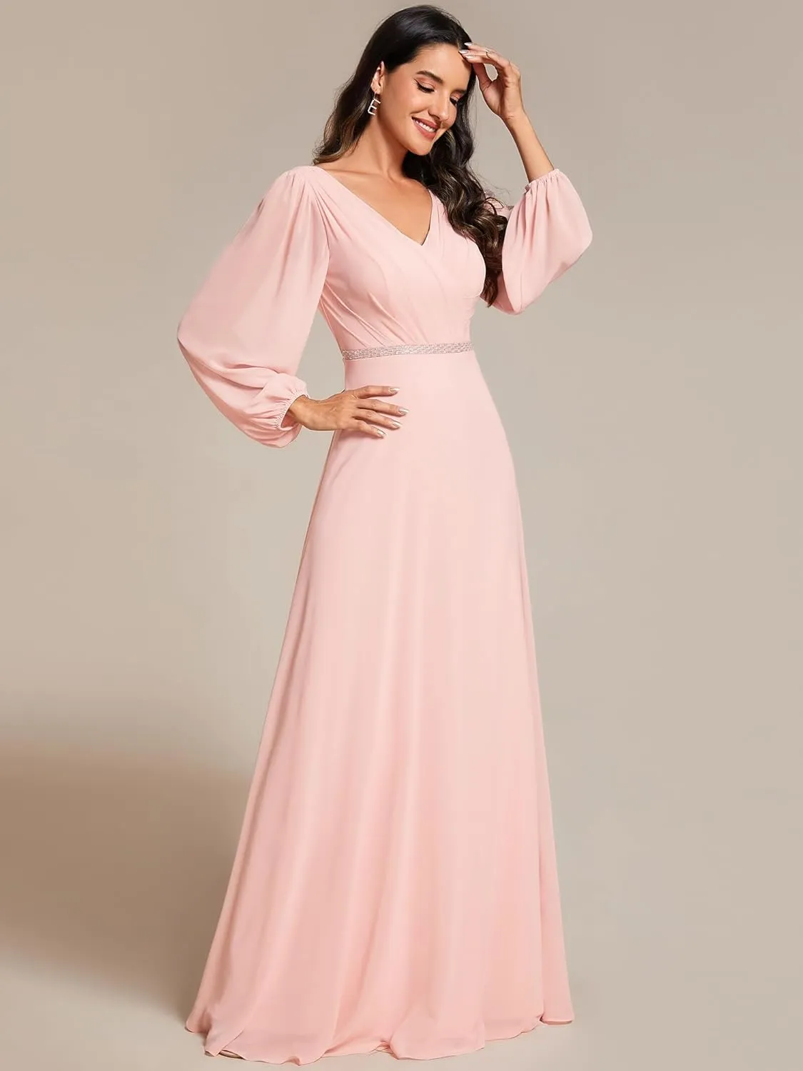 Ever-Pretty Women's Formal Dresses Long Sleeve V Neck Empire Waist A Line Beading Floor Length Wedding Guest Dress 01981