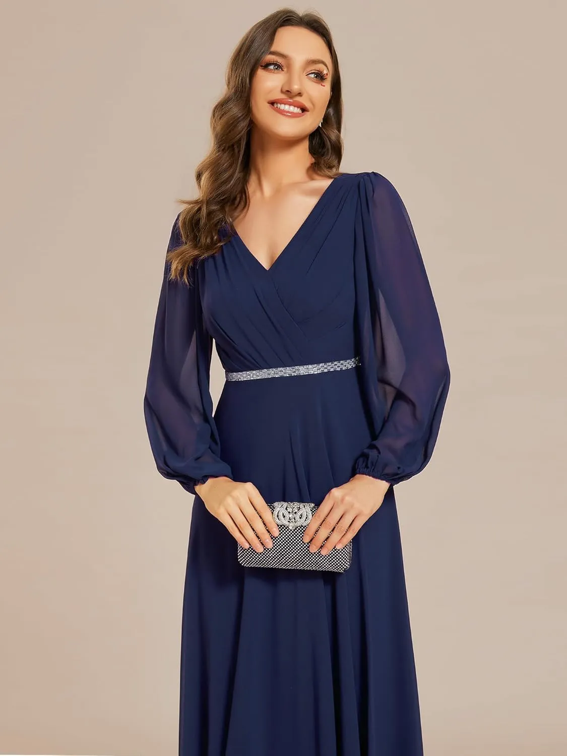 Ever-Pretty Women's Formal Dresses Long Sleeve V Neck Empire Waist A Line Beading Floor Length Wedding Guest Dress 01981