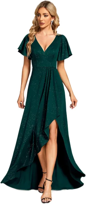 Ever-Pretty Women's Glitter High Low Ruffled Hem V-Neck Formal Dress with Sleeves 01738