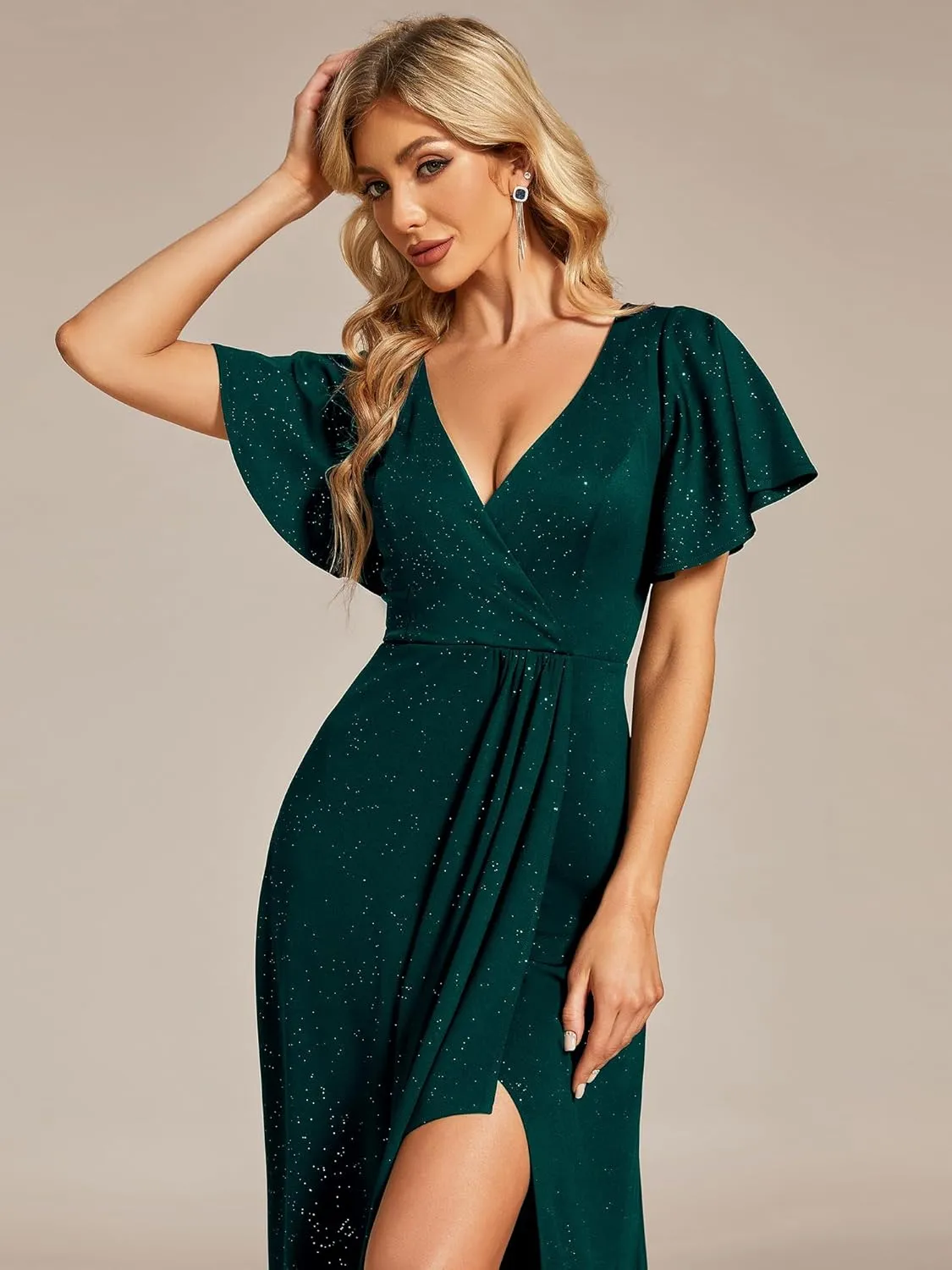 Ever-Pretty Women's Glitter High Low Ruffled Hem V-Neck Formal Dress with Sleeves 01738