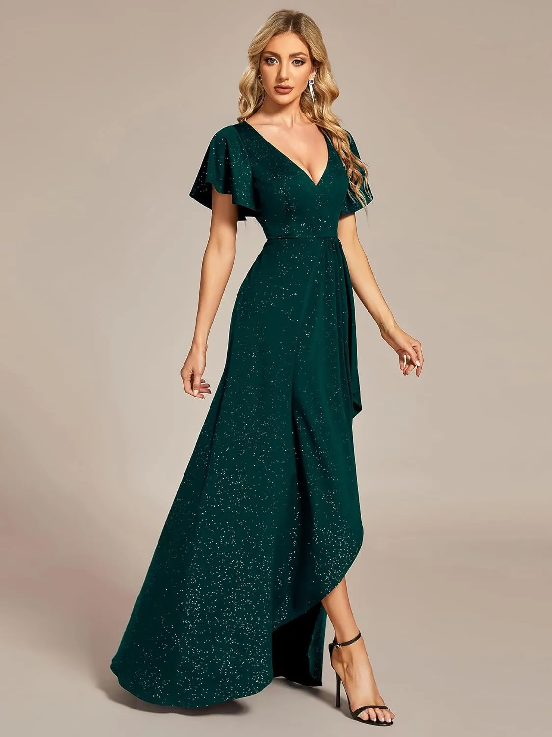Ever-Pretty Women's Glitter High Low Ruffled Hem V-Neck Formal Dress with Sleeves 01738