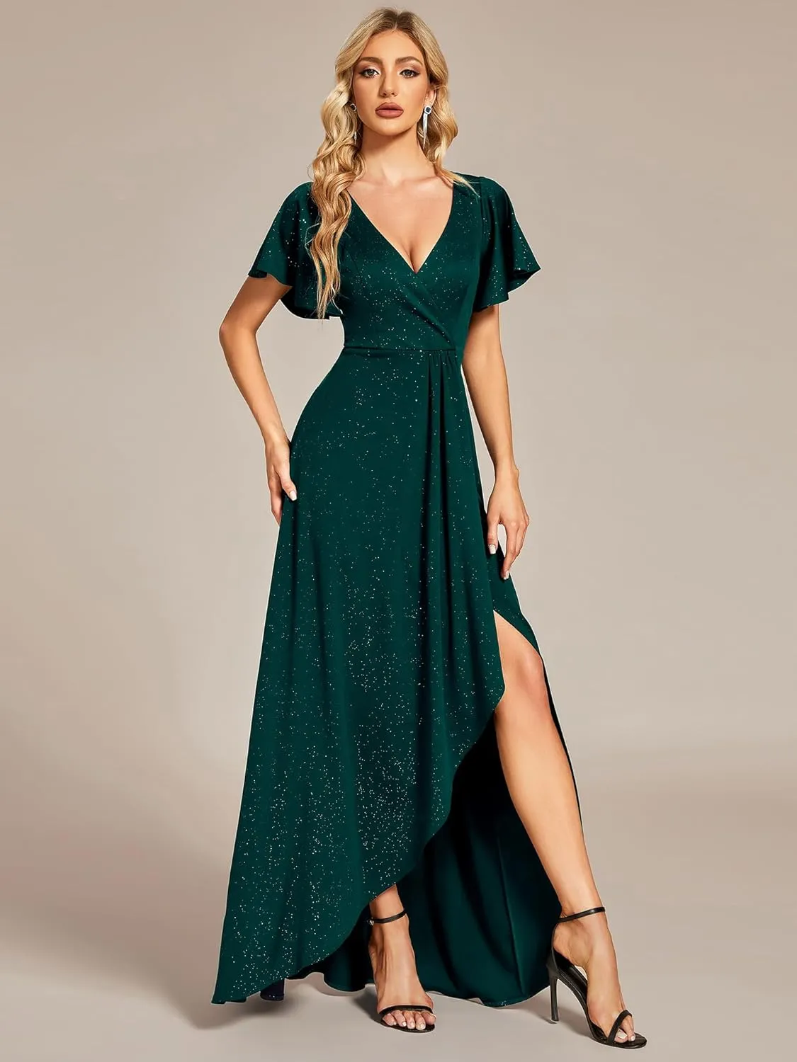 Ever-Pretty Women's Glitter High Low Ruffled Hem V-Neck Formal Dress with Sleeves 01738