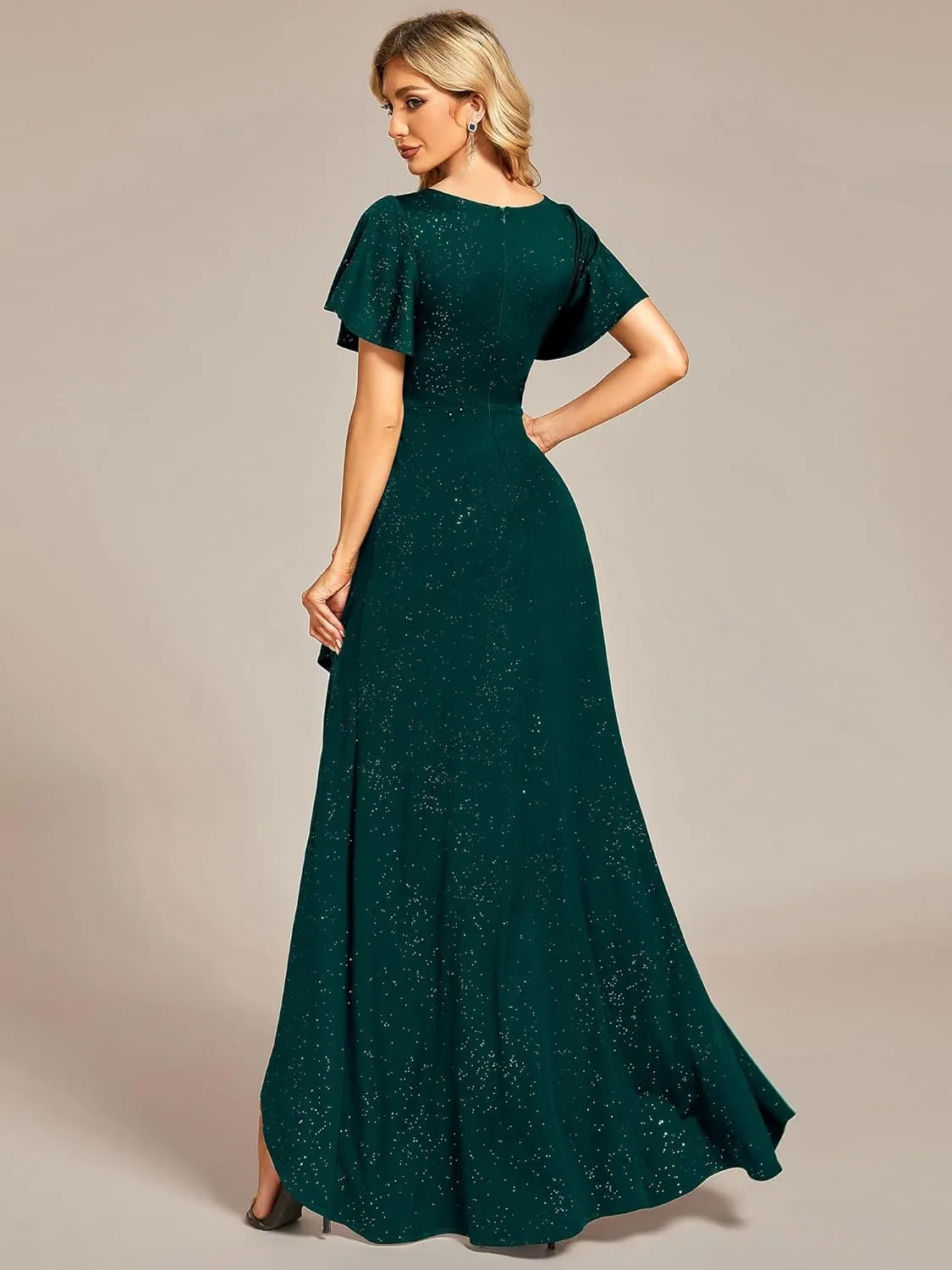 Ever-Pretty Women's Glitter High Low Ruffled Hem V-Neck Formal Dress with Sleeves 01738
