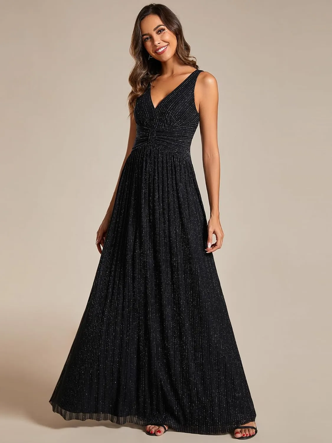 Ever-Pretty Women's Glitter Sleeveless V Neck A-Line Pleated Waist Evening Gowns 02133