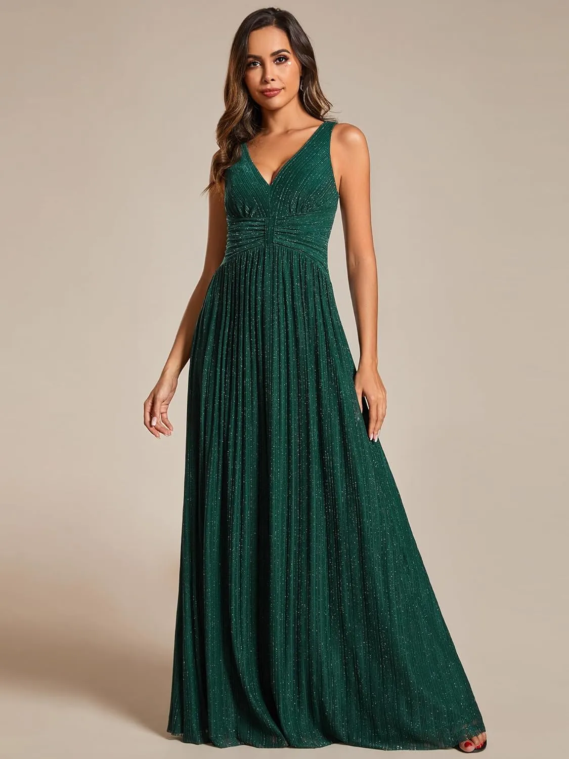 Ever-Pretty Women's Glitter Sleeveless V Neck A-Line Pleated Waist Evening Gowns 02133