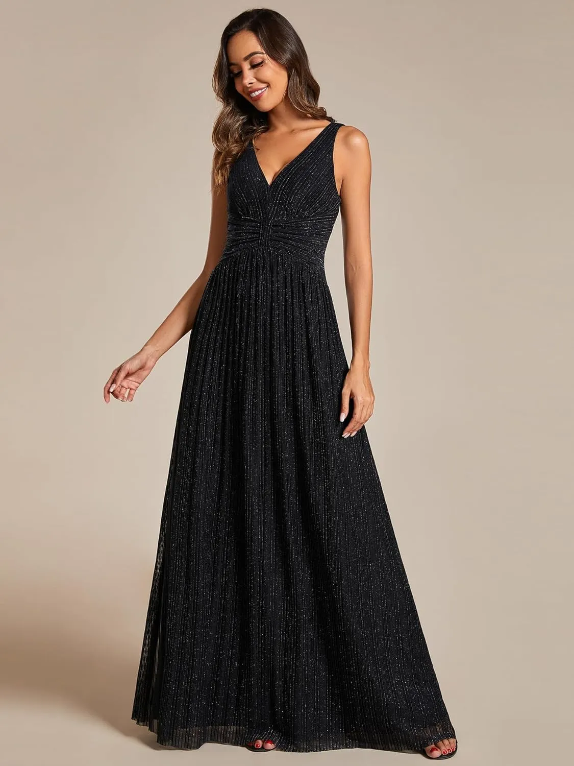 Ever-Pretty Women's Glitter Sleeveless V Neck A-Line Pleated Waist Evening Gowns 02133
