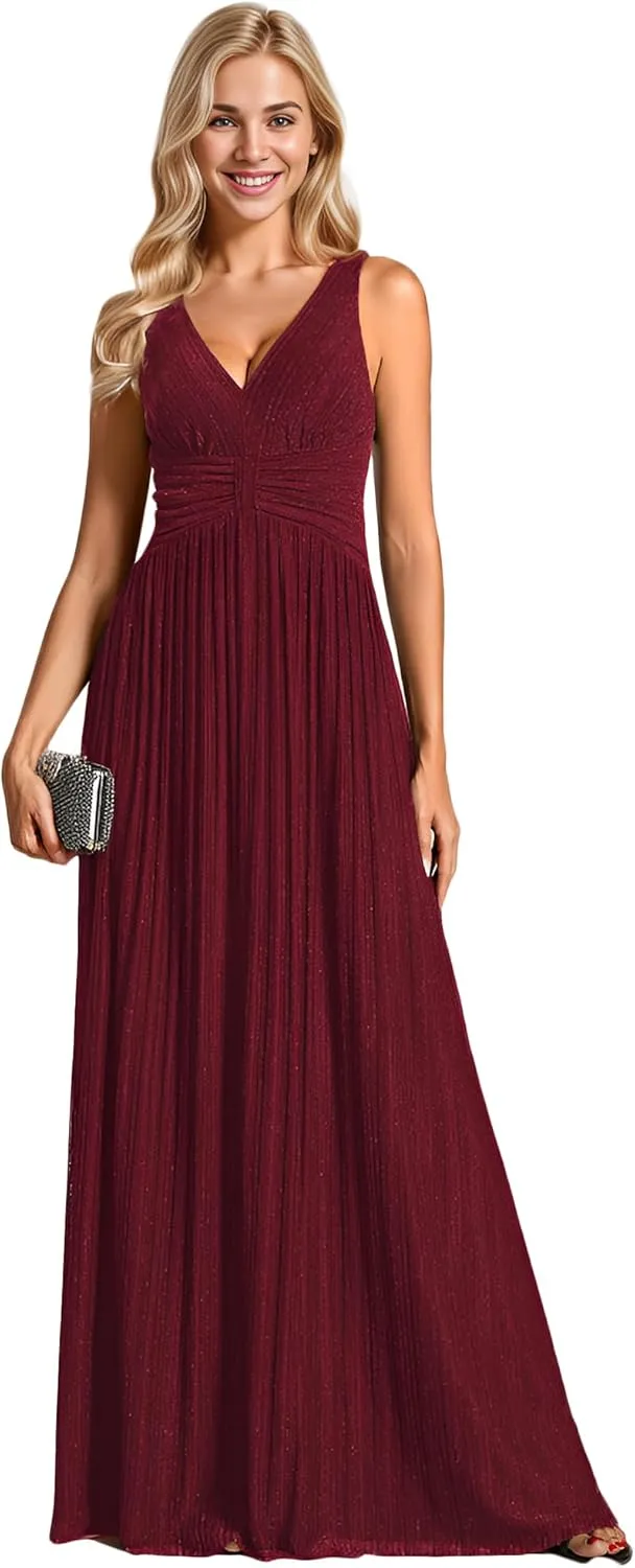 Ever-Pretty Women's Glitter Sleeveless V Neck A-Line Pleated Waist Evening Gowns 02133