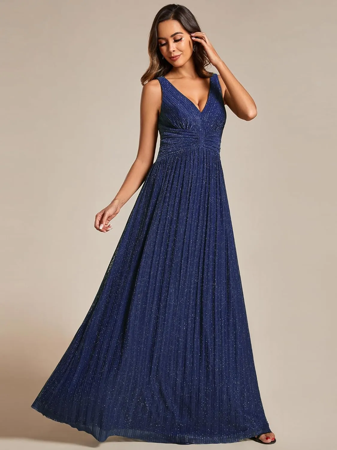 Ever-Pretty Women's Glitter Sleeveless V Neck A-Line Pleated Waist Evening Gowns 02133