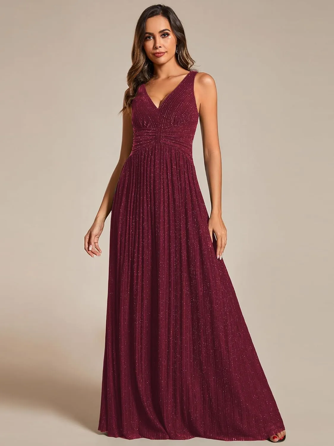 Ever-Pretty Women's Glitter Sleeveless V Neck A-Line Pleated Waist Evening Gowns 02133