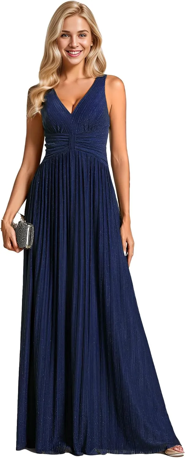 Ever-Pretty Women's Glitter Sleeveless V Neck A-Line Pleated Waist Evening Gowns 02133