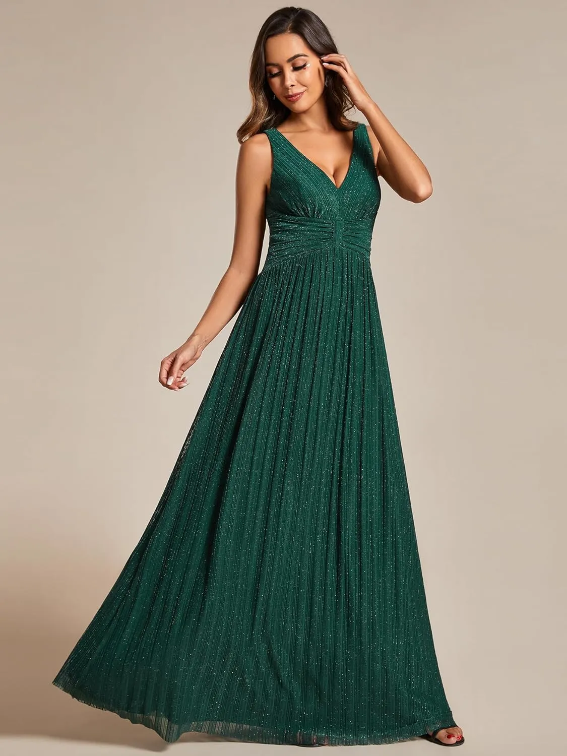 Ever-Pretty Women's Glitter Sleeveless V Neck A-Line Pleated Waist Evening Gowns 02133
