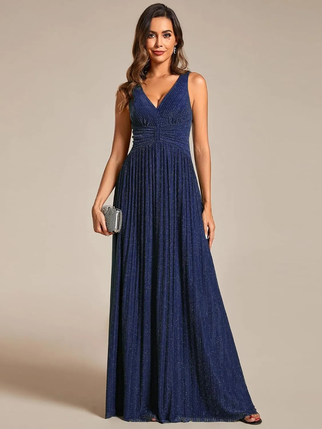 Ever-Pretty Women's Glitter Sleeveless V Neck A-Line Pleated Waist Evening Gowns 02133