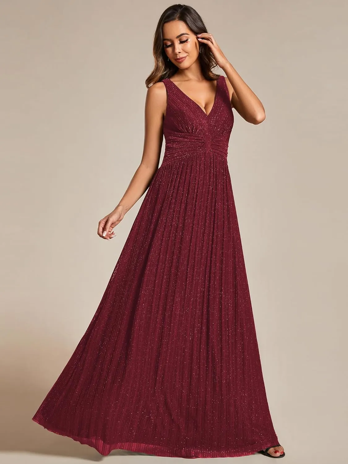 Ever-Pretty Women's Glitter Sleeveless V Neck A-Line Pleated Waist Evening Gowns 02133