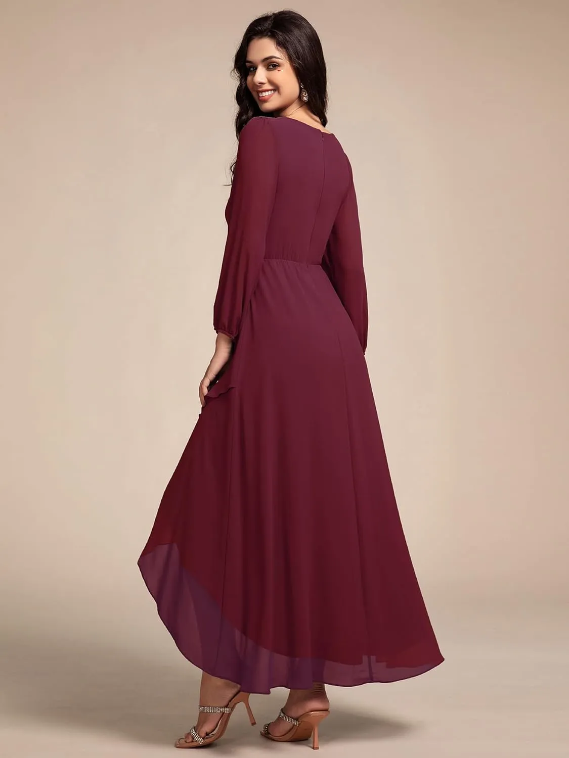 Ever-Pretty Women's Long Sleeves V Neck A Line Appliques Midi Chiffon Maxi Formal Dresses 03027