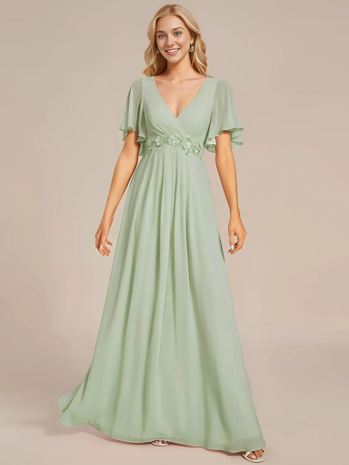 Ever-Pretty Women's Mother's Dress Chiffon V Neck A Line Appliques Waist Formal Dresses 01960