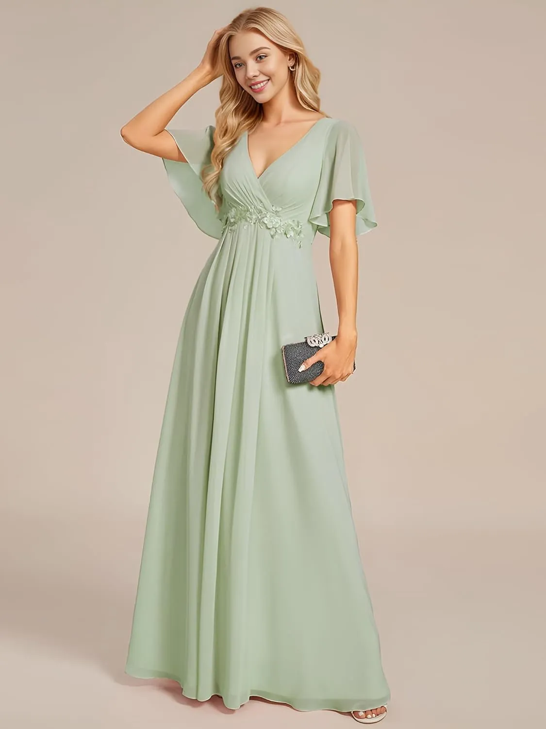 Ever-Pretty Women's Mother's Dress Chiffon V Neck A Line Appliques Waist Formal Dresses 01960