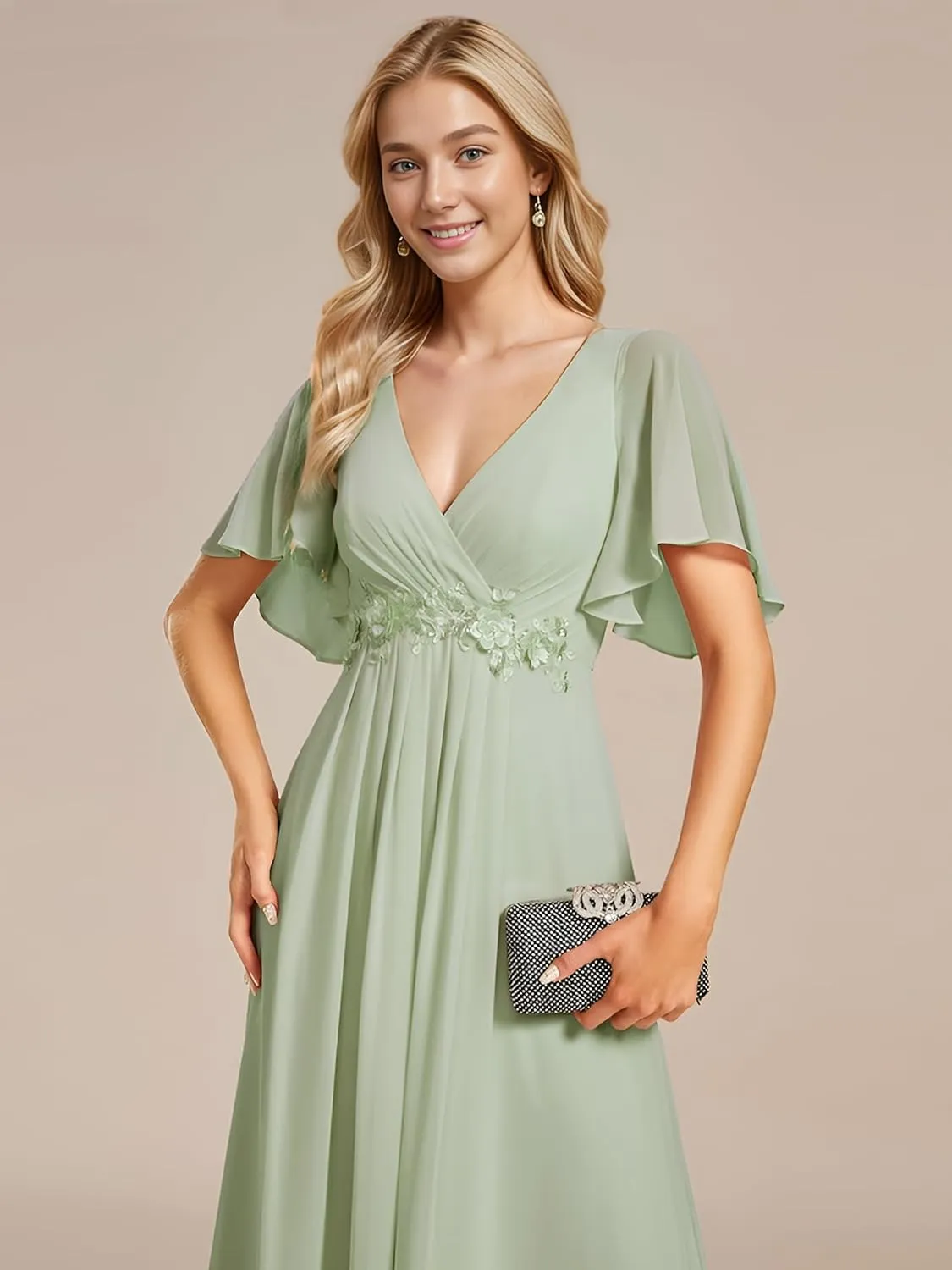 Ever-Pretty Women's Mother's Dress Chiffon V Neck A Line Appliques Waist Formal Dresses 01960
