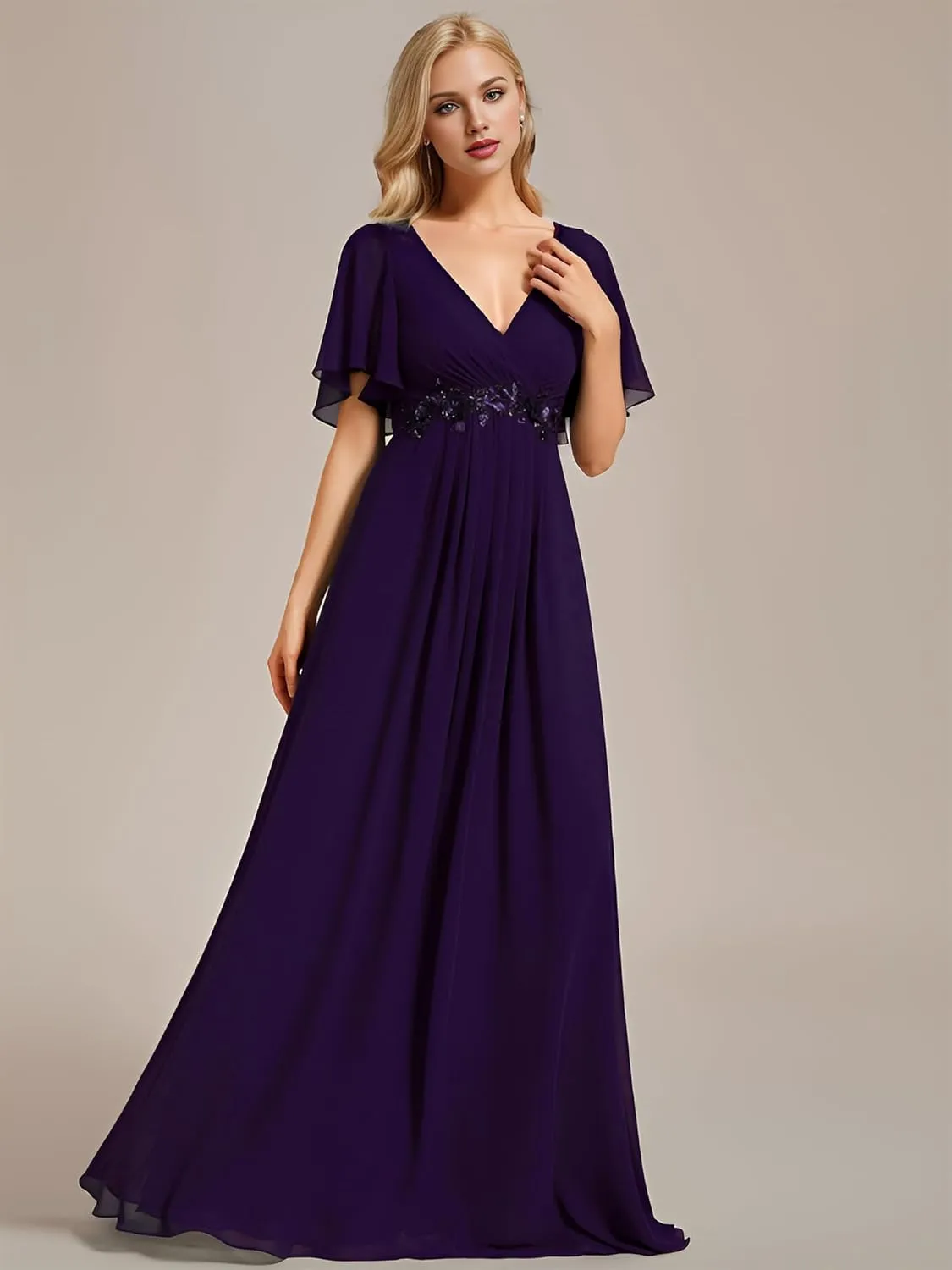 Ever-Pretty Women's Mother's Dress Chiffon V Neck A Line Appliques Waist Formal Dresses 01960
