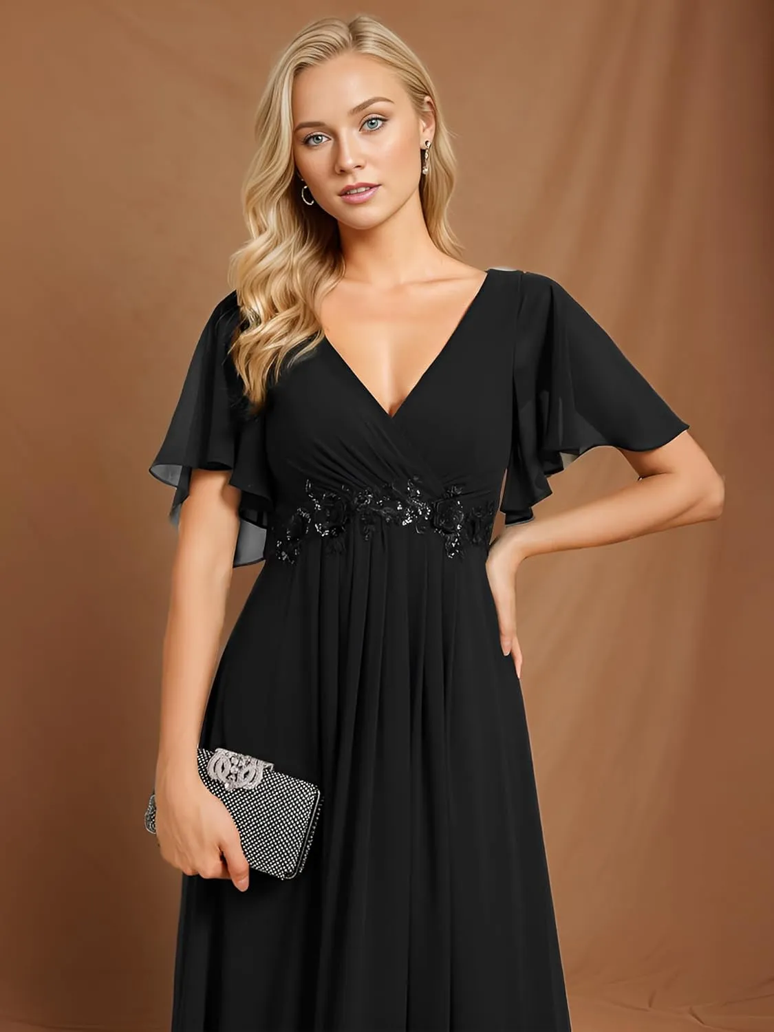 Ever-Pretty Women's Mother's Dress Chiffon V Neck A Line Appliques Waist Formal Dresses 01960