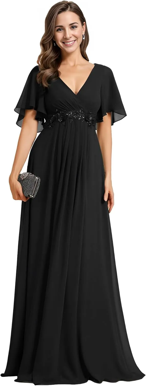 Ever-Pretty Women's Mother's Dress Chiffon V Neck A Line Appliques Waist Formal Dresses 01960