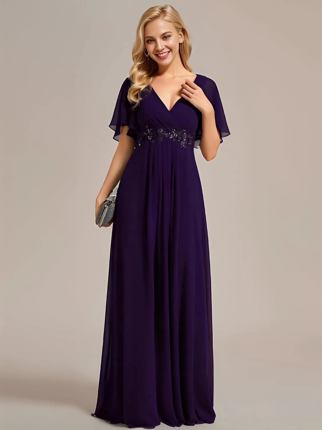 Ever-Pretty Women's Mother's Dress Chiffon V Neck A Line Appliques Waist Formal Dresses 01960