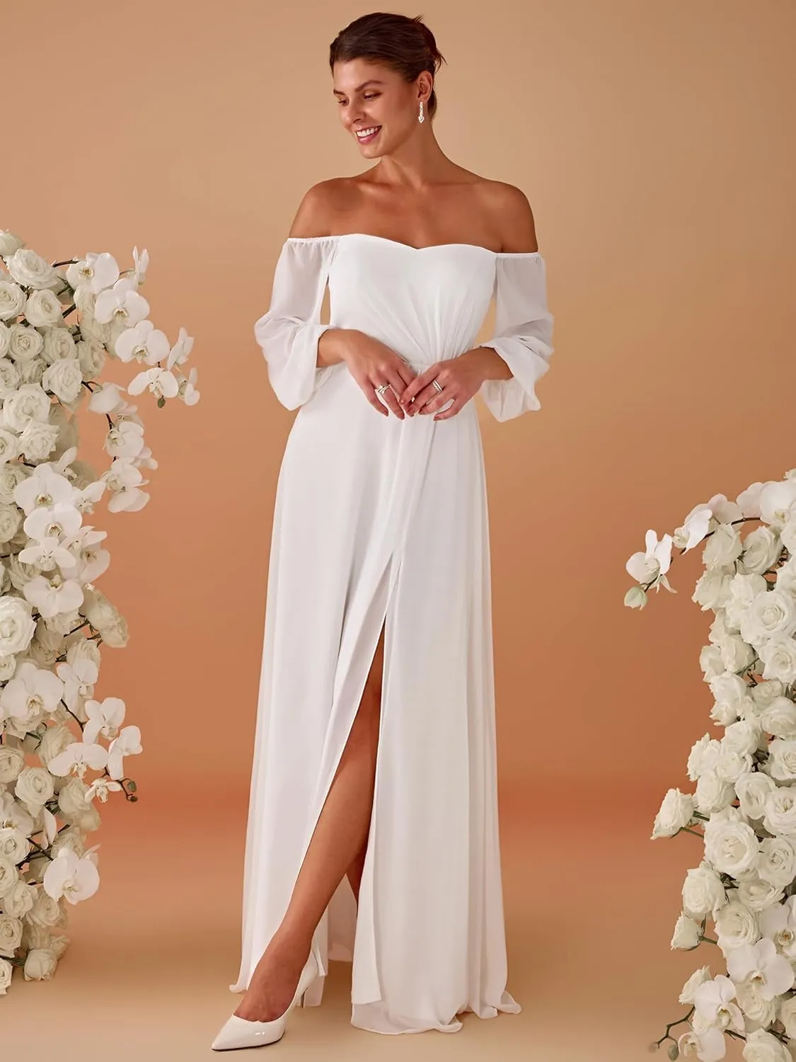 Ever-Pretty Women's Off Shoulder Lantern Sleeves A Line Split Maxi Bridesmaid Dresses S0002