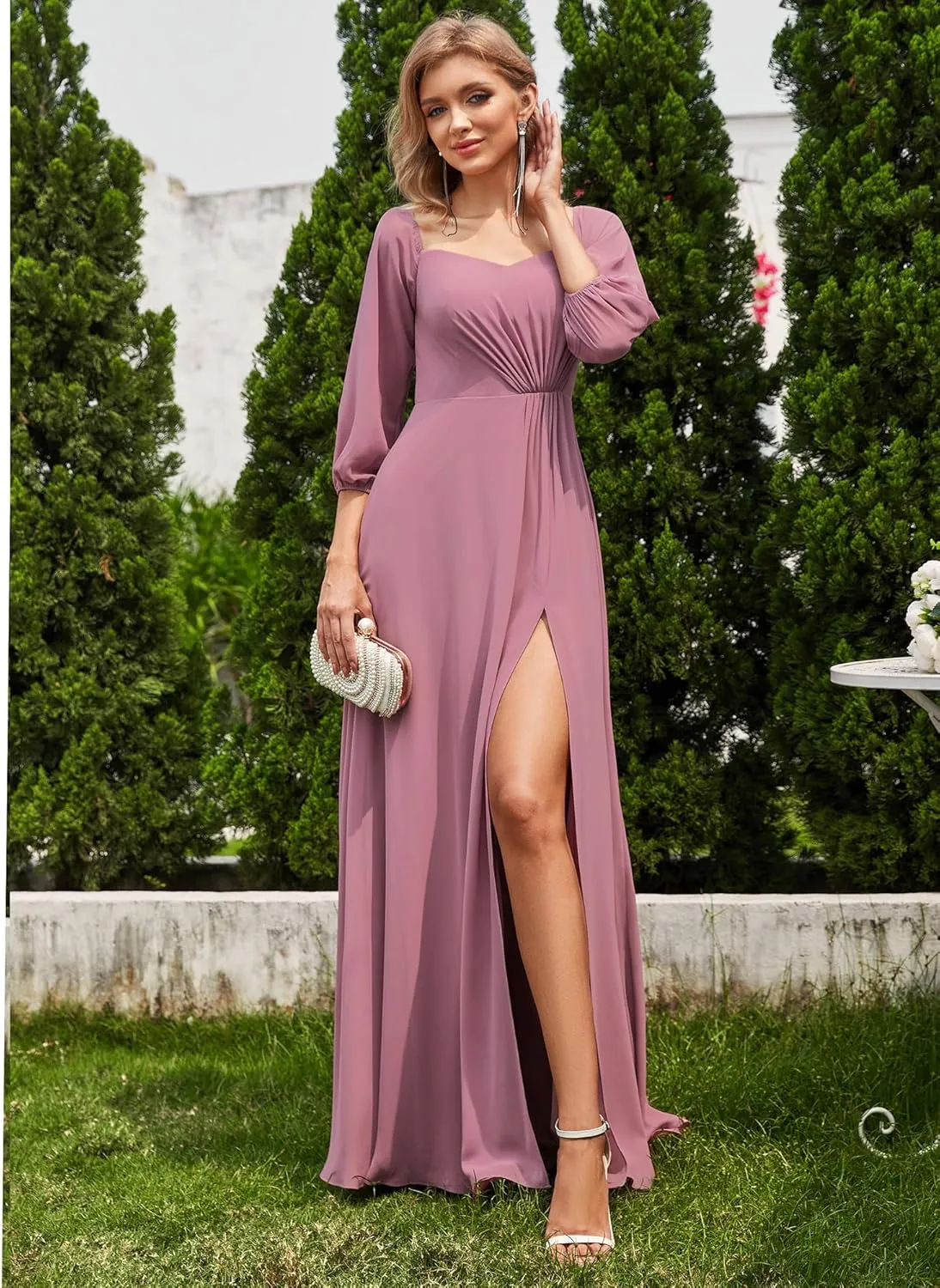 Ever-Pretty Women's Off Shoulder Lantern Sleeves A Line Split Maxi Bridesmaid Dresses S0002