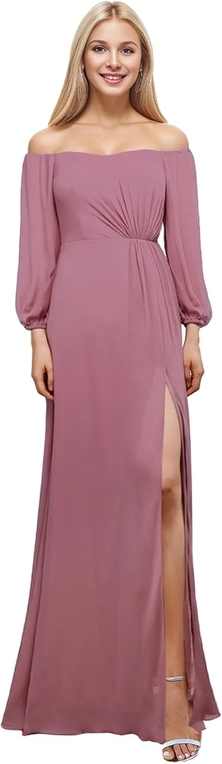 Ever-Pretty Women's Off Shoulder Lantern Sleeves A Line Split Maxi Bridesmaid Dresses S0002