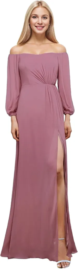 Ever-Pretty Women's Off Shoulder Lantern Sleeves A Line Split Maxi Bridesmaid Dresses S0002