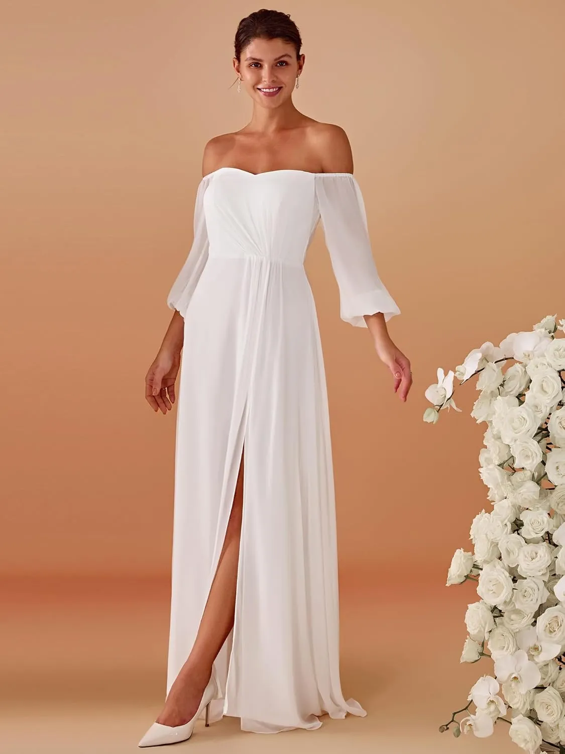 Ever-Pretty Women's Off Shoulder Lantern Sleeves A Line Split Maxi Bridesmaid Dresses S0002