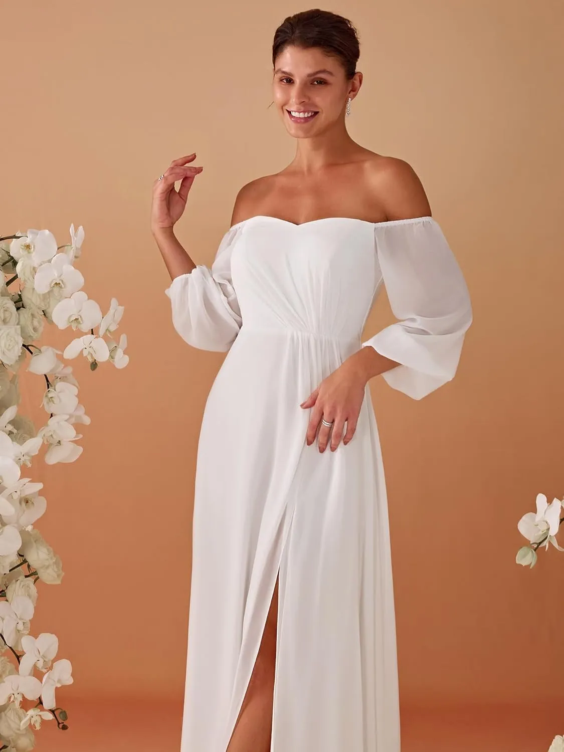 Ever-Pretty Women's Off Shoulder Lantern Sleeves A Line Split Maxi Bridesmaid Dresses S0002