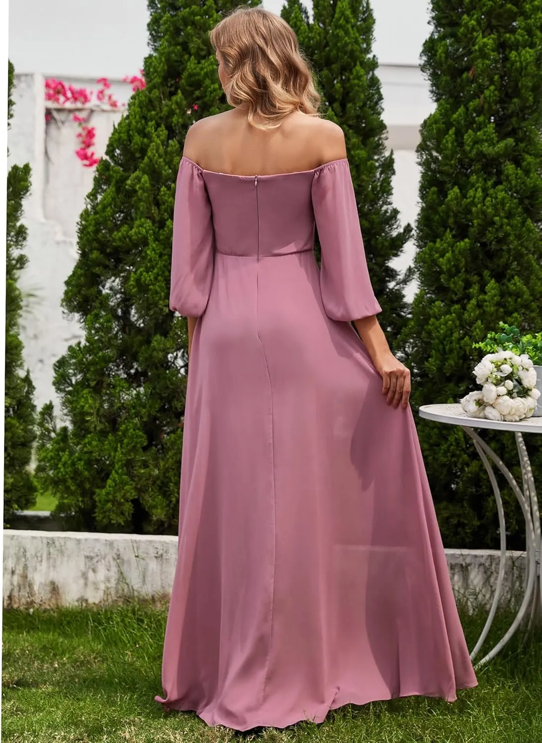 Ever-Pretty Women's Off Shoulder Lantern Sleeves A Line Split Maxi Bridesmaid Dresses S0002