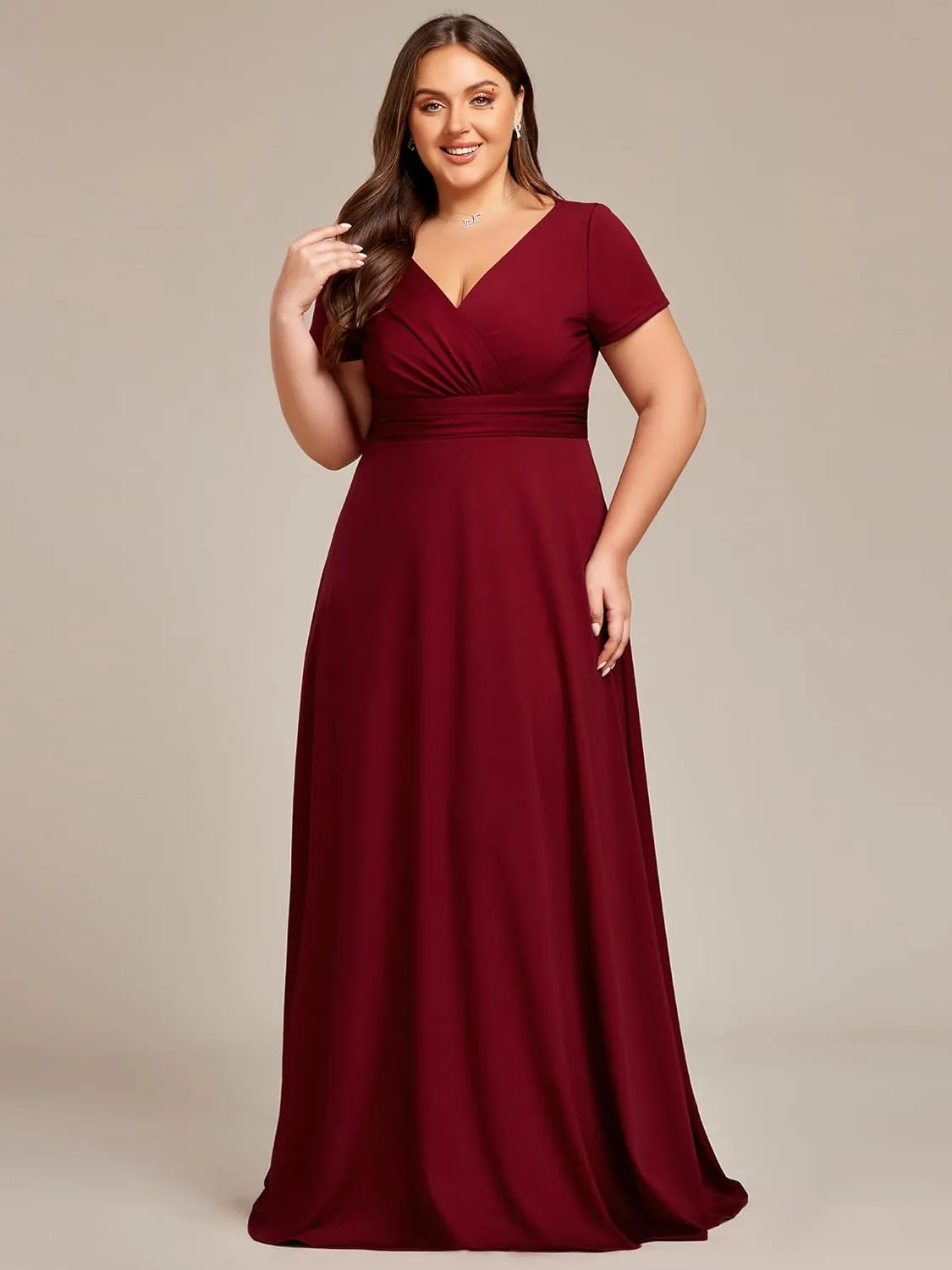 Ever-Pretty Women's Plus Size Generous Ruched V Neck Short Sleeves Long A Line Formal Evening Dress 01730-DA