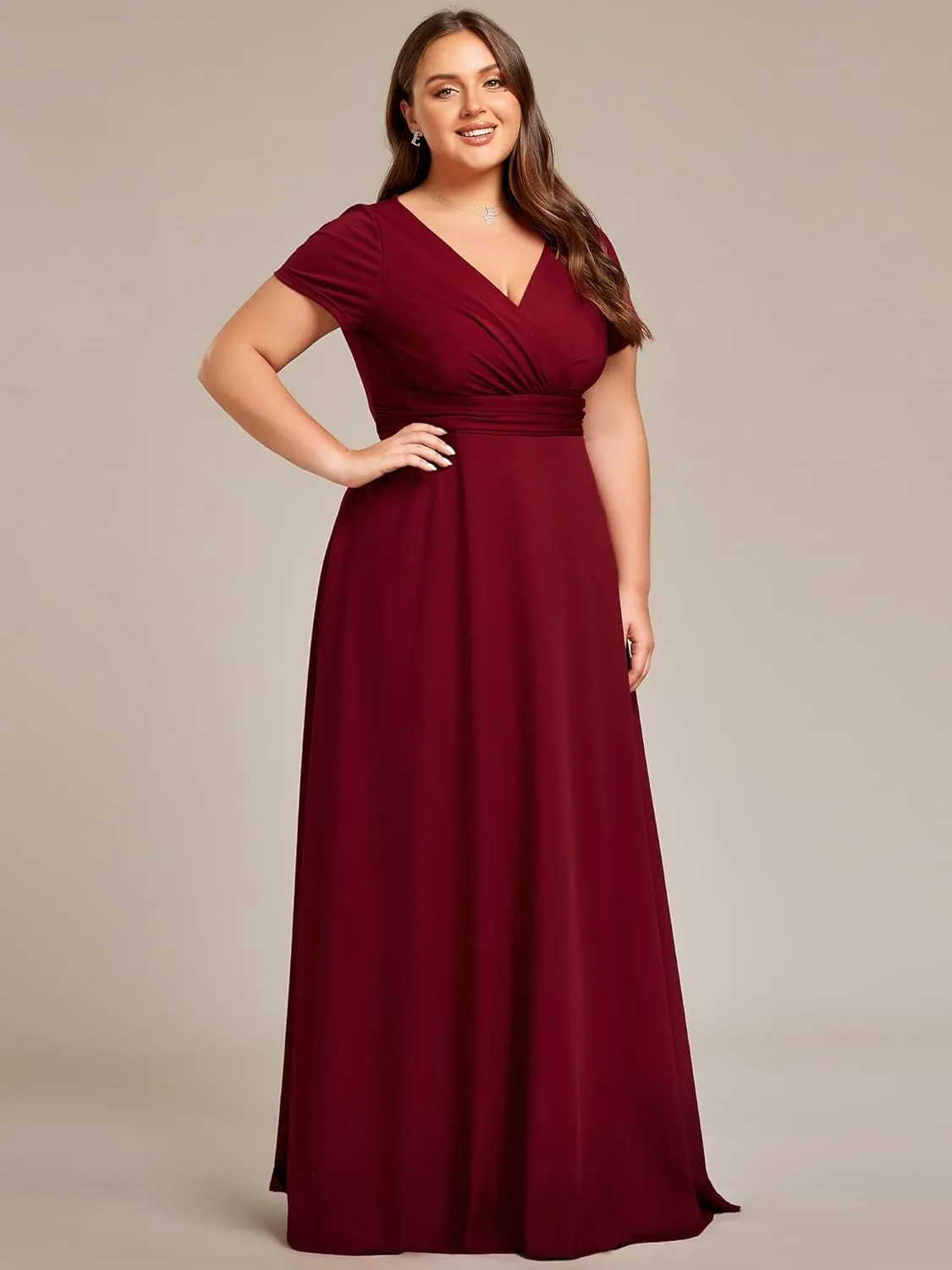 Ever-Pretty Women's Plus Size Generous Ruched V Neck Short Sleeves Long A Line Formal Evening Dress 01730-DA