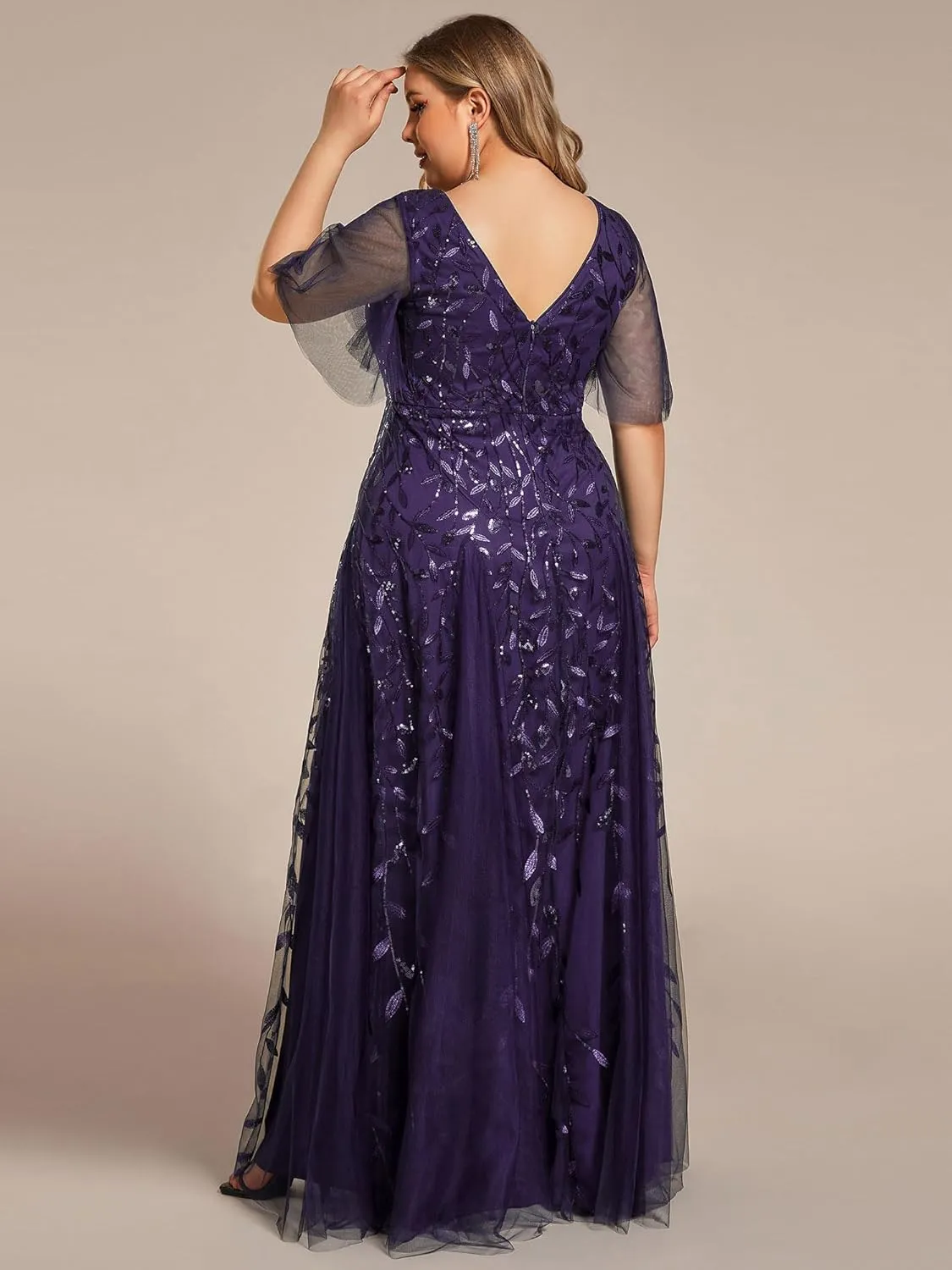 Ever-Pretty Womens Plus Size V-Neck Sequin Emboridery Formal Evening Dresses with Sleeves 00736-DA