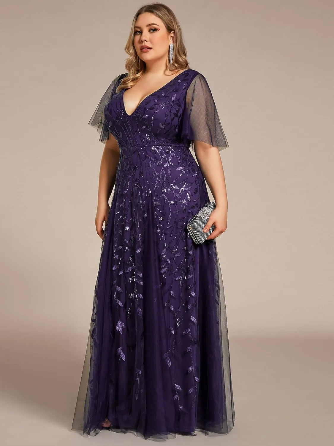 Ever-Pretty Womens Plus Size V-Neck Sequin Emboridery Formal Evening Dresses with Sleeves 00736-DA